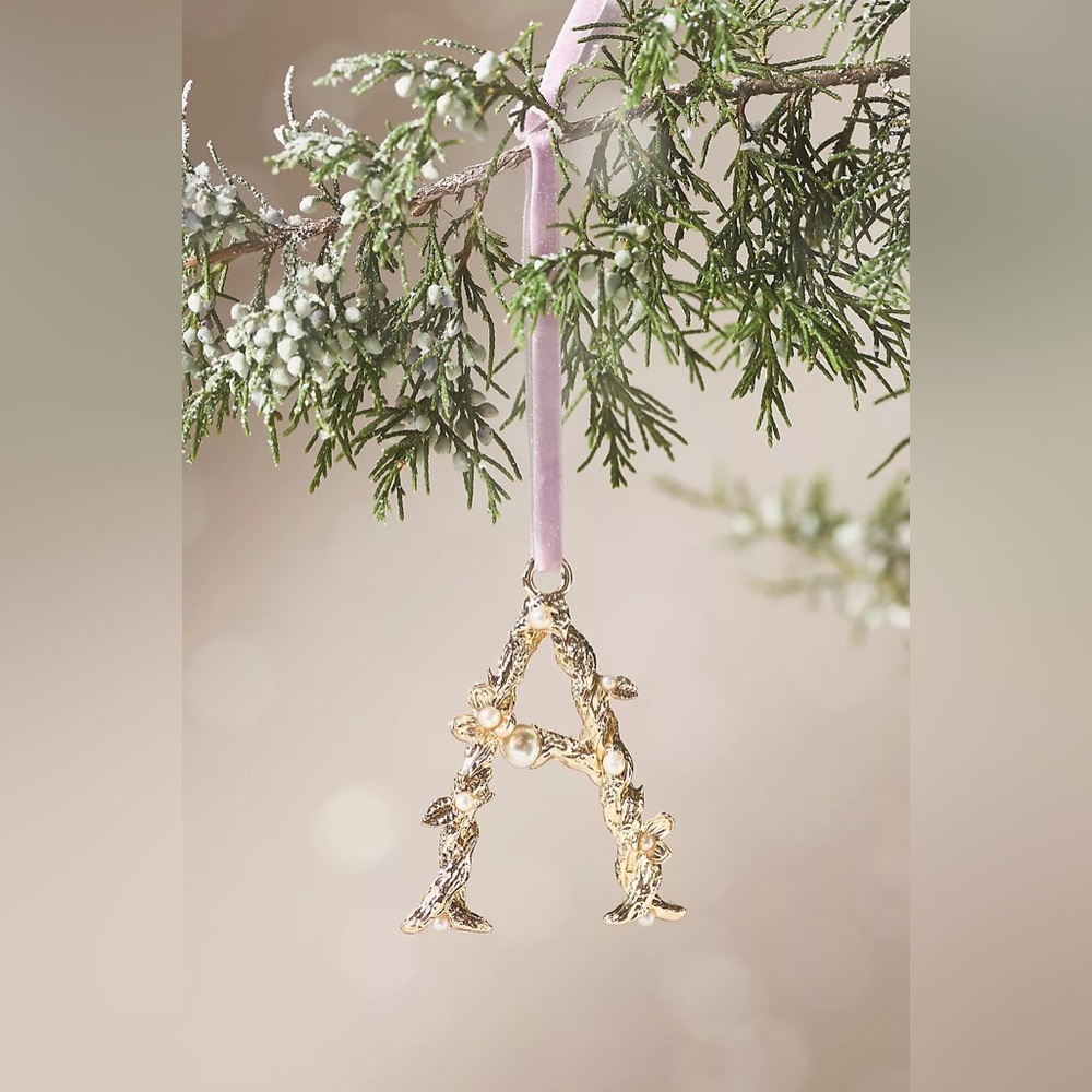 Anthropologie Aurelia Gold Pearl Monogram Letter “A” Initial Ornament NWT